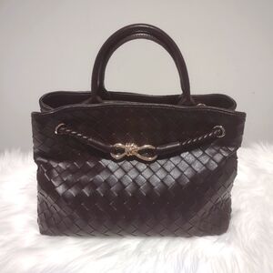 Top handle leather woven bag